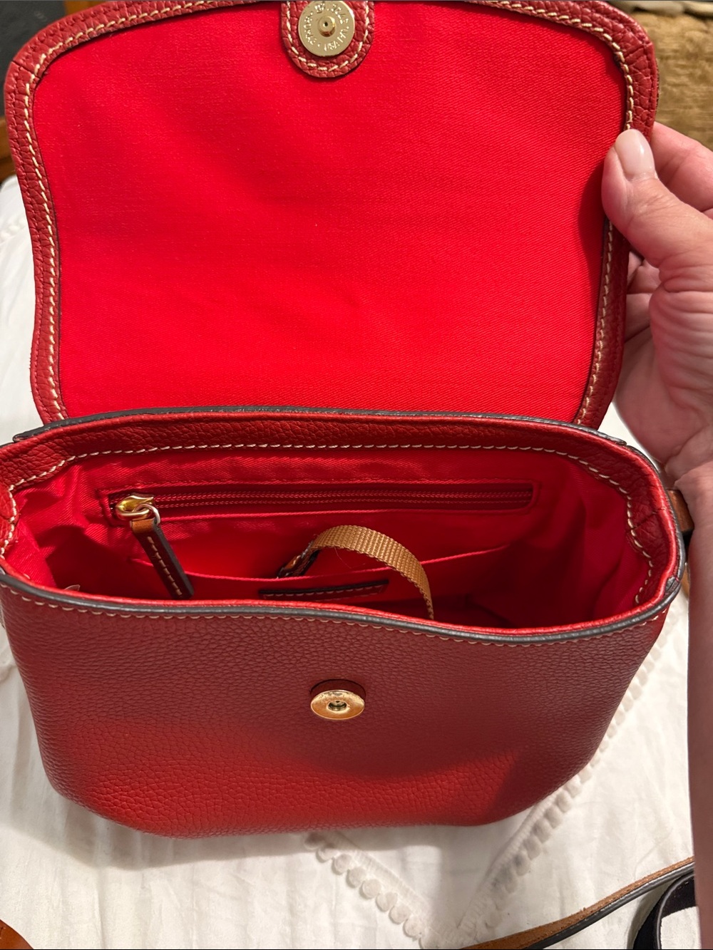 Dooney & Bourke Red Pebble Leather Crossbody with Tan Strap - Picture 7 of 12
